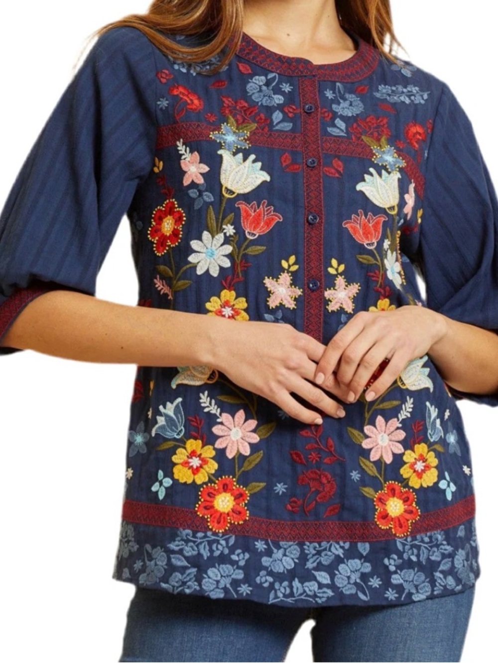Savanna Jane Navy Embroidered Floral Button-Front Tunic